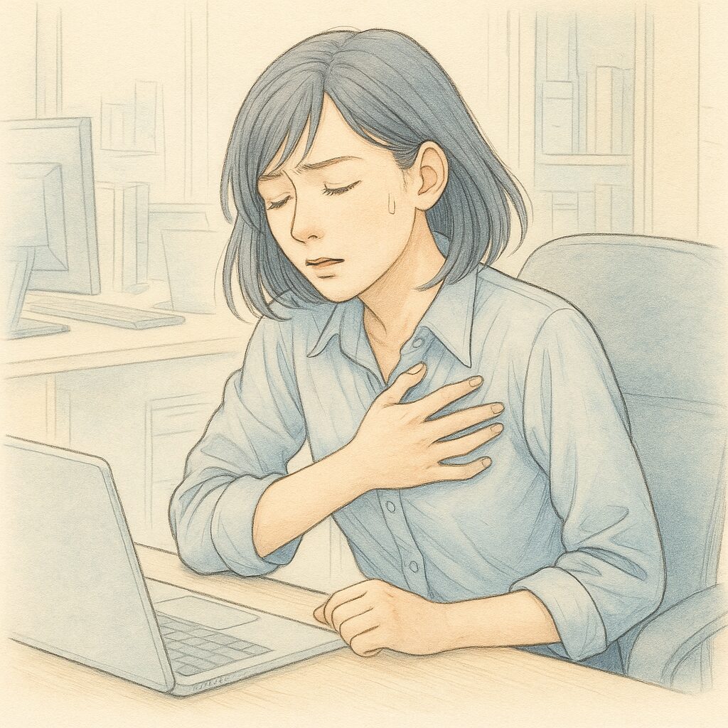 明るいオフィスで、デスクにもたれながら軽い息切れを感じている若い女性会社員を描いた淡い水彩画。細い線画と透明感のある彩色で、過労や鉄不足のサインを自然に表現している。