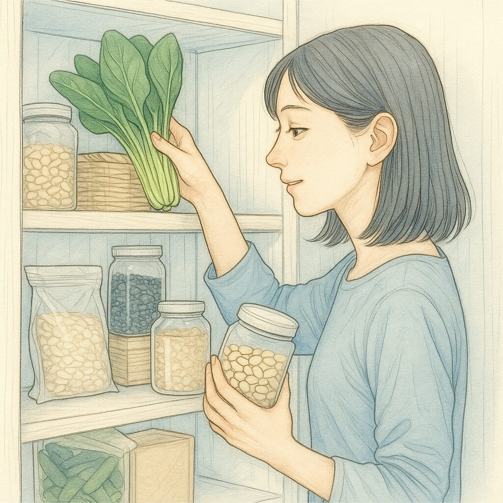 水彩タッチで描かれた女性が、鉄を多く含む食材（小松菜、豆、オートミールなど）を自宅の食料品棚にしまっている様子。