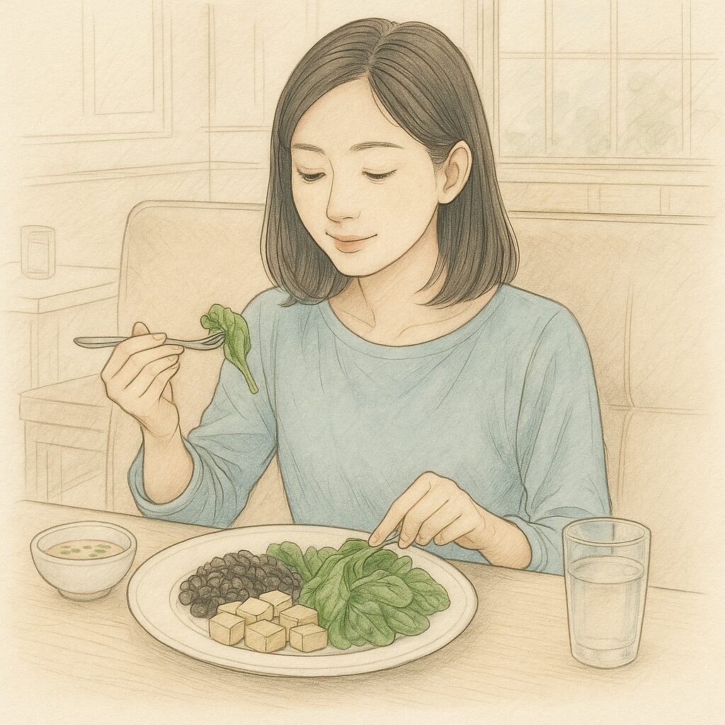 レストランで鉄分を含む料理を食べている女性を、精密な線画と淡い水彩で描いたイラスト。明るい色調の中で、小松菜や豆料理などの鉄食材を取り入れて外食で鉄分を補う様子を表現。