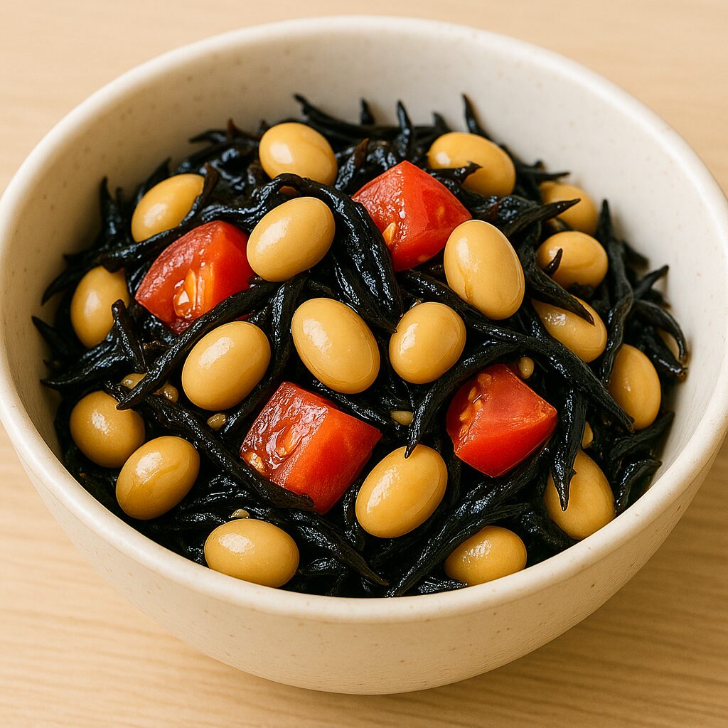 ひじき、大豆、角切りトマトを混ぜた鉄分とビタミンCが同時にとれるサラダ。常備菜にも使える、ミドル世代の貧血対策に最適な料理。