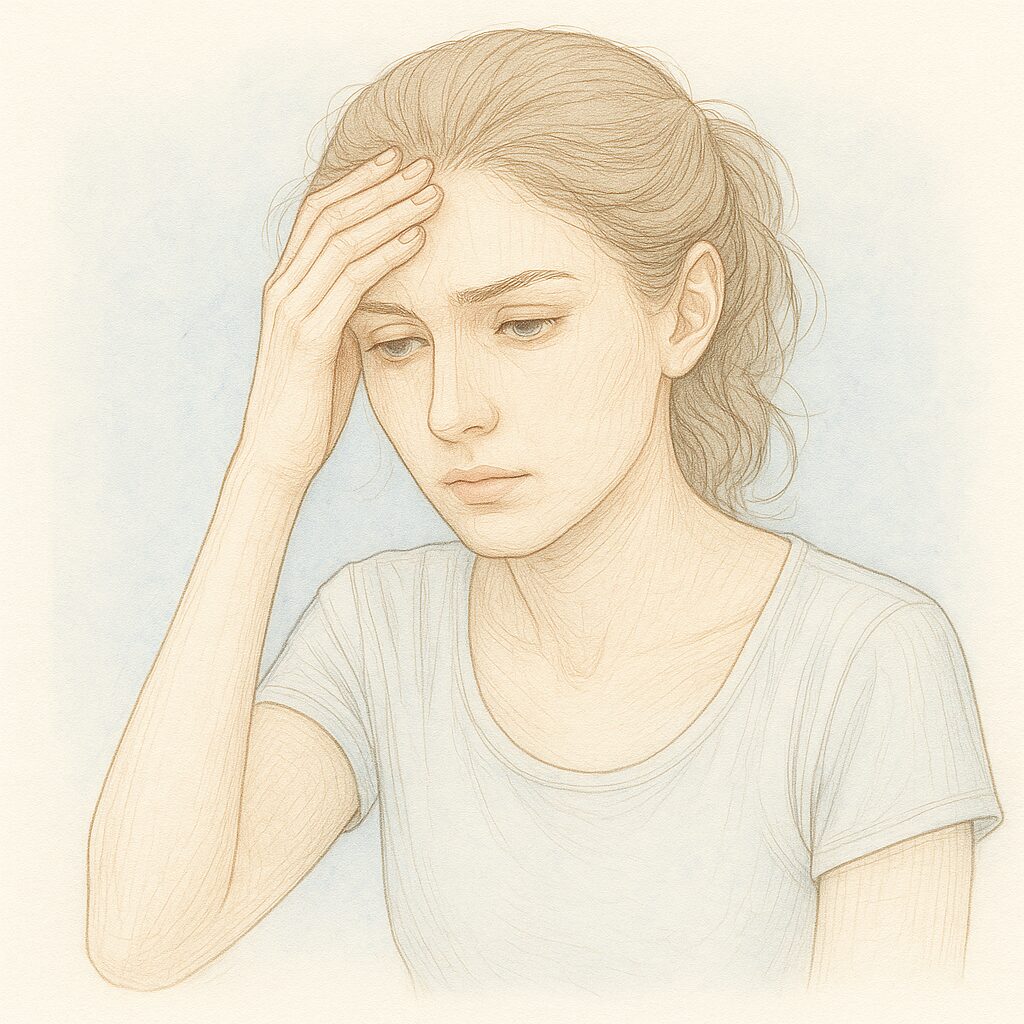 額に手を当てて疲れた表情を見せる女性の水彩イラスト。貧血で体調不良を感じている様子を柔らかい色調で描いた画像。