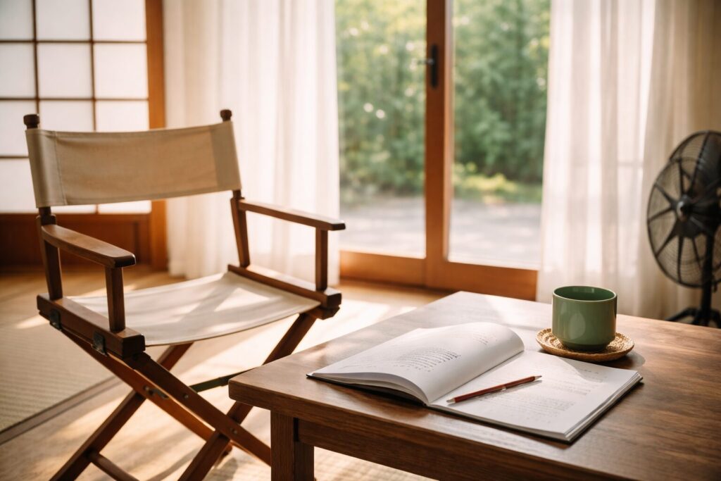 日本の俳優を特集するヴィーガン有名人記事の導入イメージ。自然光の和室で脚本と椅子が置かれた落ち着いた空間