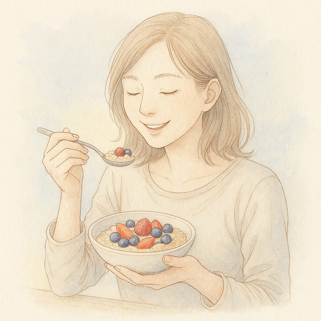 ミドル世代の女性が、鉄分補給に役立つオートミールとベリー類の朝食を笑顔で食べている水彩イラスト。植物性の鉄分とビタミンCを組み合わせた貧血対策メニューのイメージ。