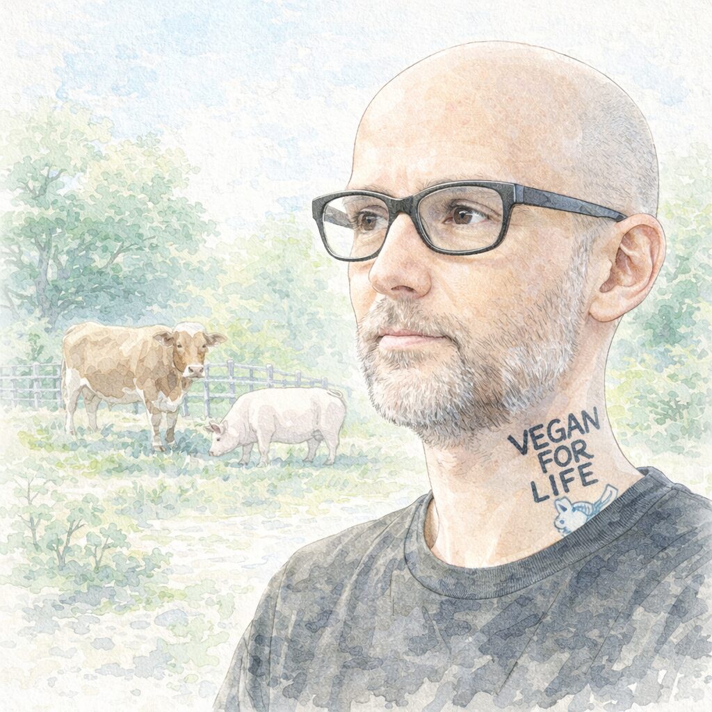 ヴィーガン活動家としても知られるモービーを描いた水彩イラスト。動物と自然を背景にした植物性中心の思想と音楽活動を表現