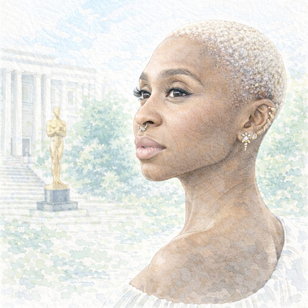 シンシア・エリヴォをイメージした水彩肖像画。環境意識とヴィーガンの選択を反映した、自然と調和する植物性中心のライフスタイル表現