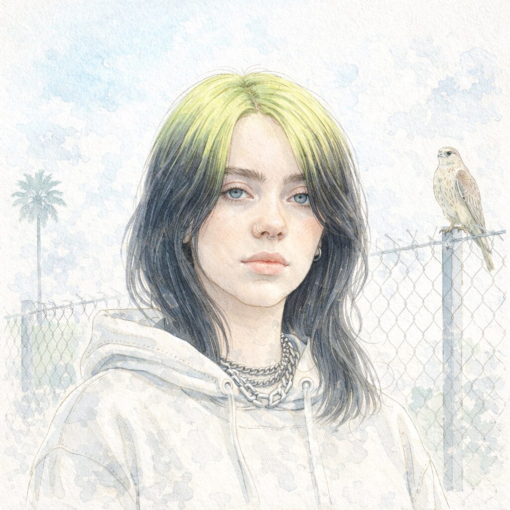 ビリー・アイリッシュをイメージした水彩タッチの肖像画。動物愛護やヴィーガンとしての価値観を背景にした植物性中心のライフスタイルを象徴するイラスト