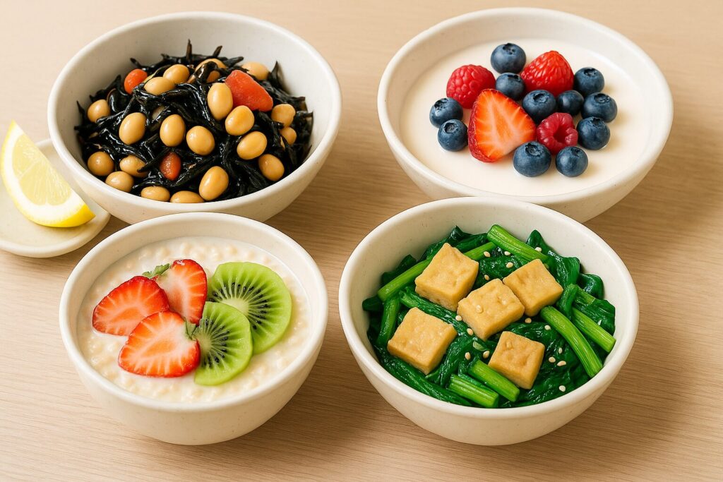 ひじきと大豆のサラダ、小松菜と高野豆腐の和え物、オートミールの黒ごまフルーツ添え、豆乳ベリーパンナコッタの4品を鮮やかに盛り付けた写真。鉄分・ビタミンC・たんぱく質を組み合わせた貧血対策レシピ。