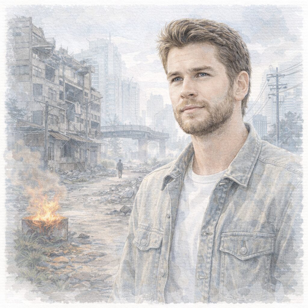 荒れた都市の風景の中に立つ人物のイメージ。ヴィーガンをやめた理由や環境・社会への葛藤を象徴的に表現したビジュアル。