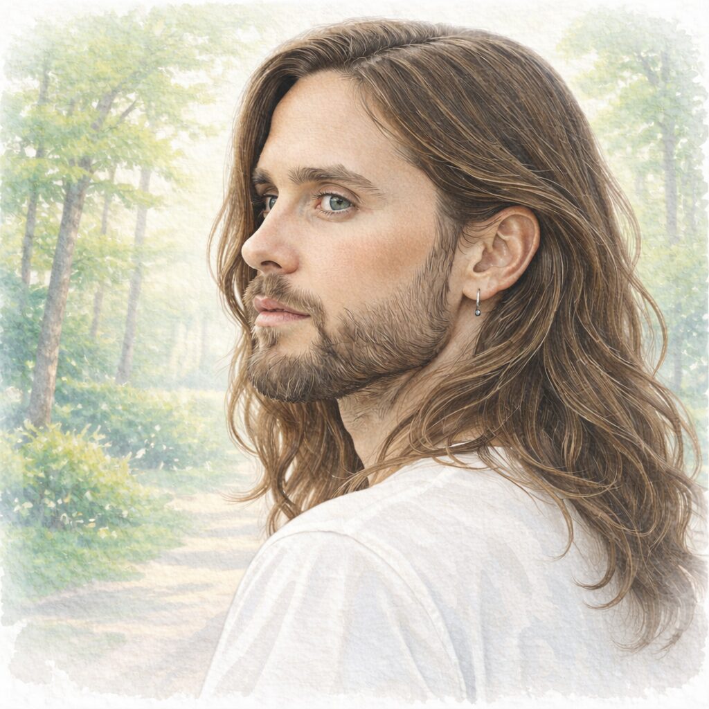 ヴィーガンや植物性中心の食生活について語った俳優ジャレット・レトをモチーフにした、淡い水彩タッチの肖像イラスト