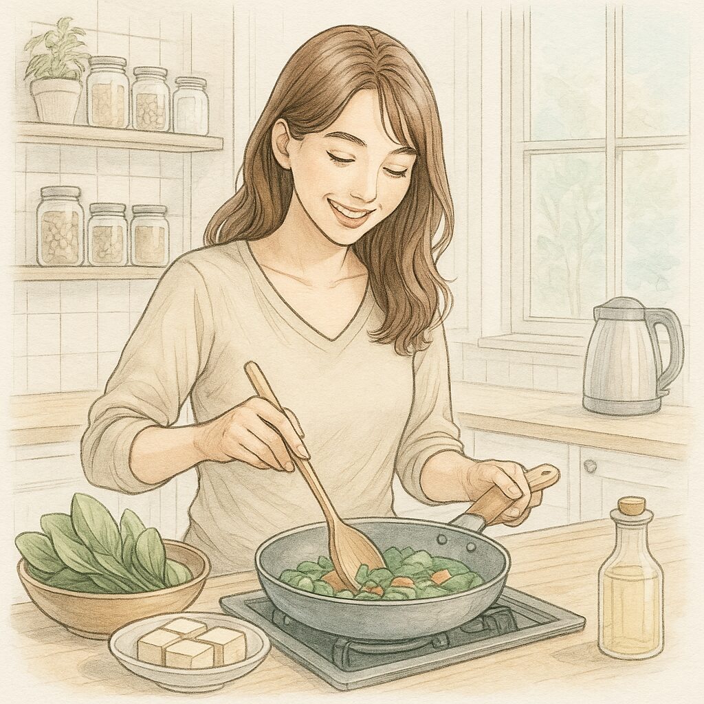 若い女性がキッチンで小松菜やひじきなどの鉄食材を使って楽しそうに料理している様子を描いた、淡い水彩タッチの明るいイラスト。