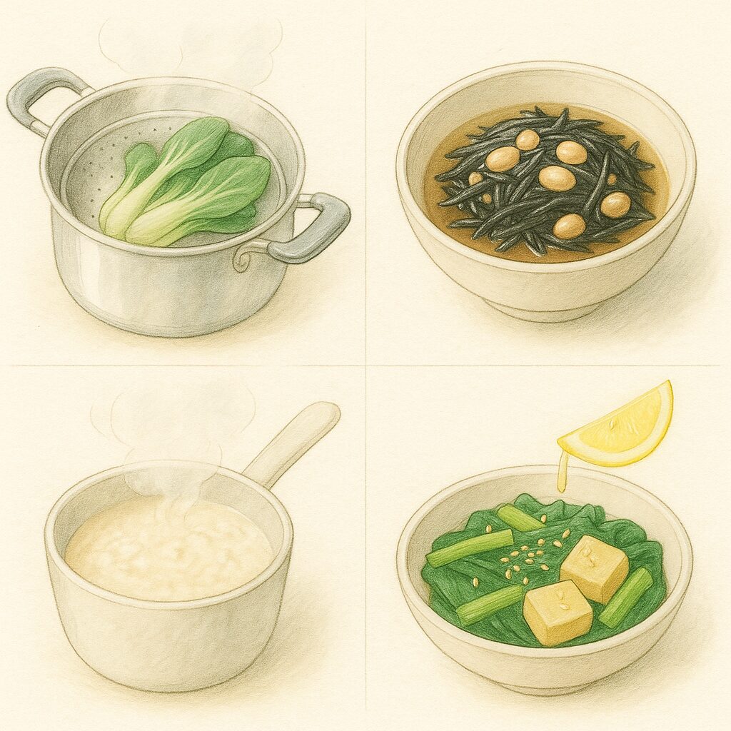4つの調理法「茹でる・煮る・温かい料理・かけるだけ」を鉄分食材で描いた水彩イラスト。ヘルシーでやさしい調理イメージを表現。