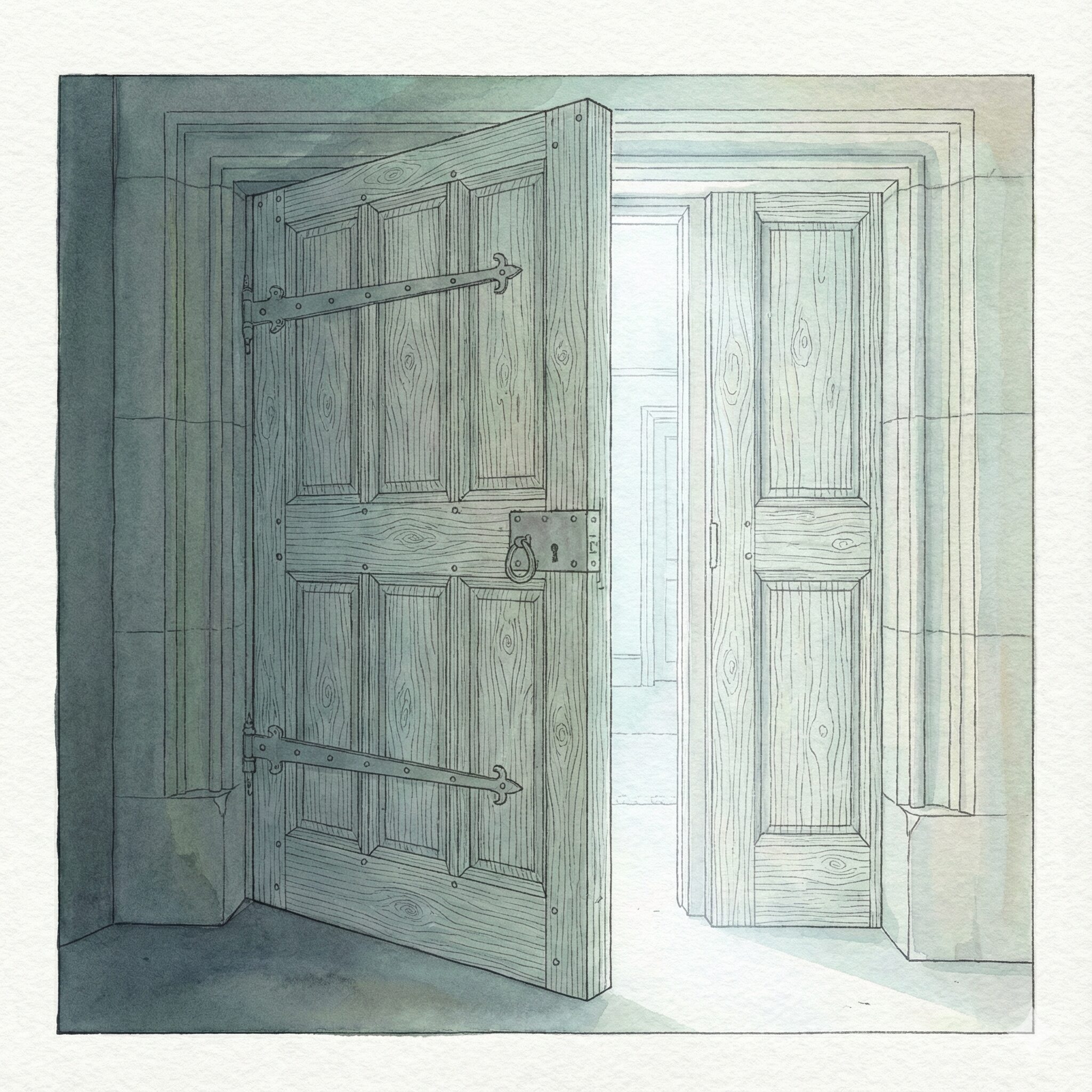 半開きの木製ドアが光に向かって開いていく水彩イラスト。暗い部屋から明るい空間へつながる様子が、鉄分吸収を妨げる状態から改善へ導く“ビタミンCが扉を開く”イメージを象徴している