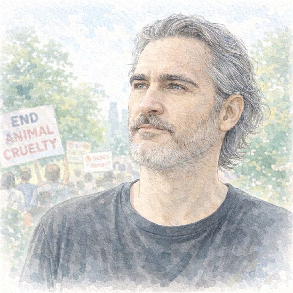 ヴィーガンや植物性中心の食生活について語った俳優ホアキン・フェニックスをモチーフにした、淡い水彩タッチの肖像イラスト