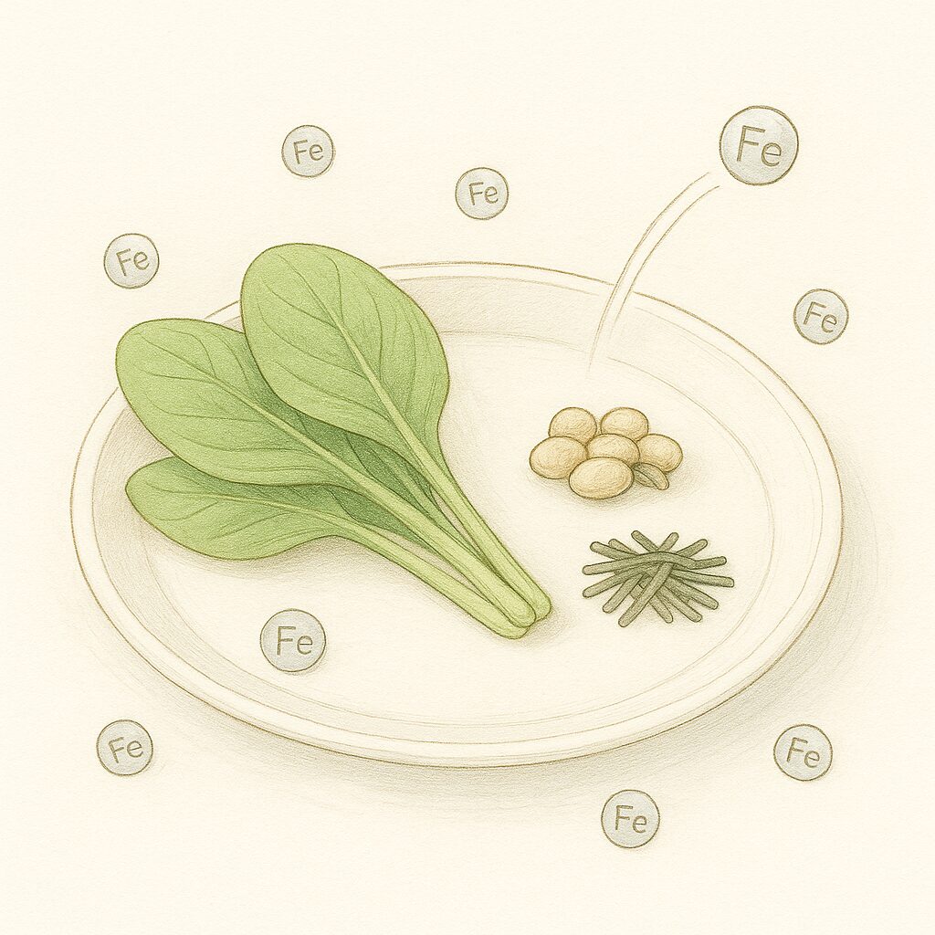 ほうれん草、小松菜、大豆、ひじきなど植物性の非ヘム鉄食材が皿に盛られ、周囲で鉄（Fe）粒子が跳ね返っている様子を描いたイラスト。非ヘム鉄が吸収されにくい仕組みを表現した貧血対策の説明用ビジュアル。