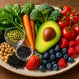 鉄分がとれる植物性食品をカラフルに盛り合わせた大皿。小松菜、ブロッコリー、ひじき、大豆、黒ごま、ベリー類、アボカドなど、40〜60代女性の貧血対策に役立つ食材がみずみずしく並び、明るく健康的な印象の写真。