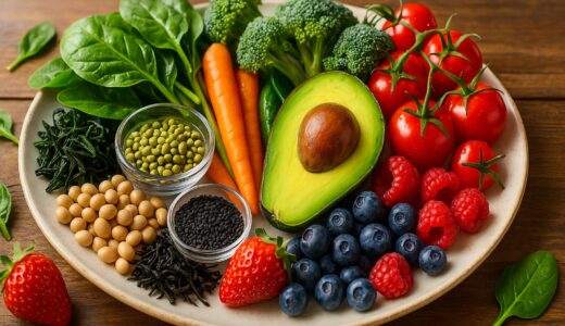 鉄分がとれる植物性食品をカラフルに盛り合わせた大皿。小松菜、ブロッコリー、ひじき、大豆、黒ごま、ベリー類、アボカドなど、40〜60代女性の貧血対策に役立つ食材がみずみずしく並び、明るく健康的な印象の写真。