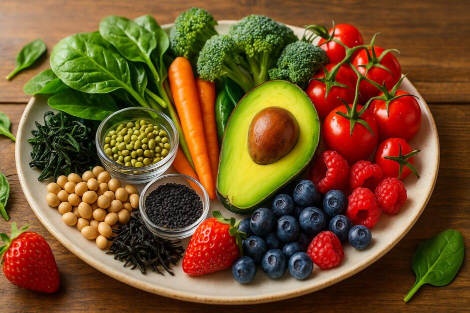 鉄分がとれる植物性食品をカラフルに盛り合わせた大皿。小松菜、ブロッコリー、ひじき、大豆、黒ごま、ベリー類、アボカドなど、40〜60代女性の貧血対策に役立つ食材がみずみずしく並び、明るく健康的な印象の写真。