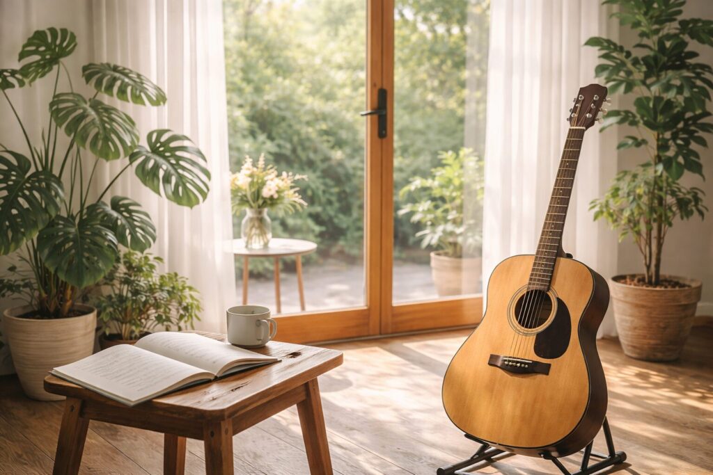 植物に囲まれた明るい室内でアコースティックギターとノートが置かれた空間。ヴィーガンや植物性中心のライフスタイルを象徴するアーティストの創作風景