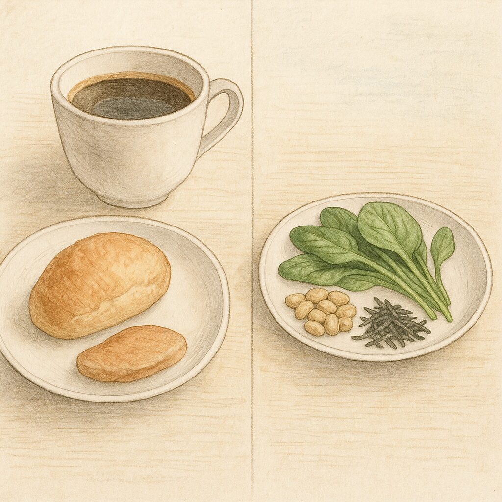 簡単な朝食（パンとコーヒー）と、ほうれん草・大豆・ベリーなど鉄を多く含む食品を小皿に並べて対比させた水彩イラスト。ミドル世代の女性が鉄不足になりやすい“食事の簡素化”と“鉄摂取の不足”を象徴する構図。