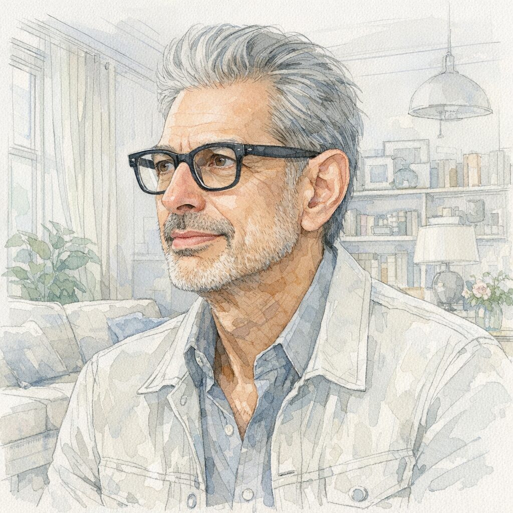 ヴィーガンや植物性中心の食生活について語った俳優ジェフ・ゴールドブラムをモチーフにした、淡い水彩タッチの肖像イラスト