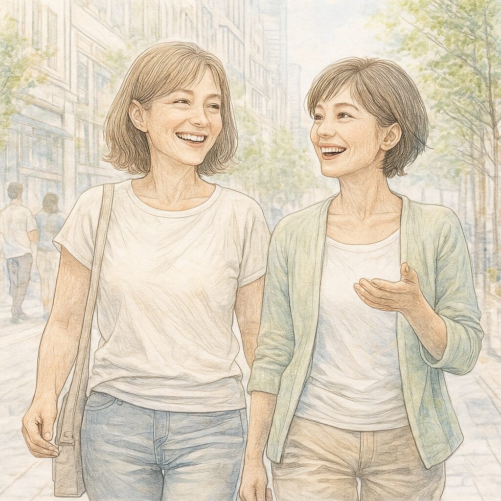 ミドル世代の女性が笑顔で街を歩きながら会話している水彩イラスト。植物性の食生活や鉄分補給によって体が軽くなり、貧血対策後の明るい日常を表現したヘルシーライフスタイルのイメージ。