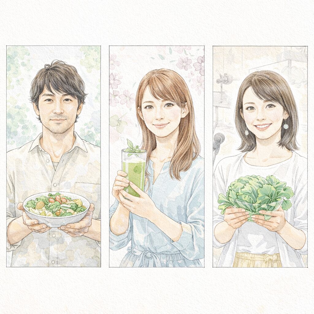 植物性中心の食生活を取り入れる日本の俳優・タレントを表現した水彩イラスト。ヴィーガンやプラントベースに関心を持つ著名人のイメージ