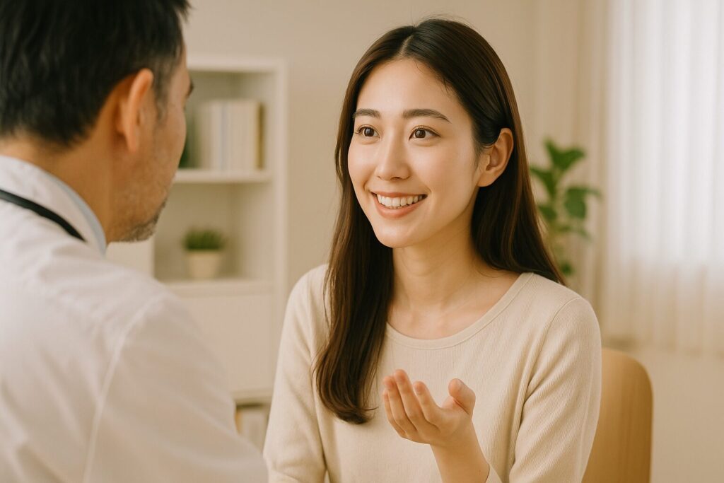 若い女性が医師に鉄分ケアについて質問している様子を写した明るい診察室の写真