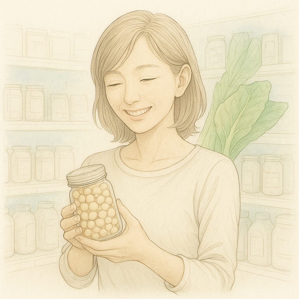 スーパーマーケットで大豆の瓶を笑顔で手に取る女性の水彩イラスト。ミドル世代でも続けやすい鉄分が豊富な食材選びをイメージしたシーン。
