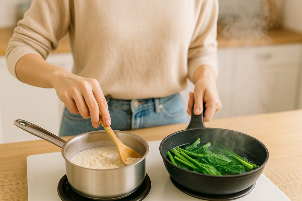 明るいキッチンで女性が鍋に豆乳とオートミールを入れて混ぜている手元の様子。湯気が立ち上り、鉄吸収を高めるための食べ合わせ料理を軽やかに作っている雰囲気が伝わる写真。