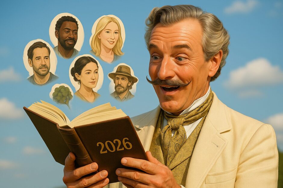 「2026」と書かれた本から著名人の顔が飛び出すイメージイラスト｜ヴィーガンを続ける有名人の食生活を紹介