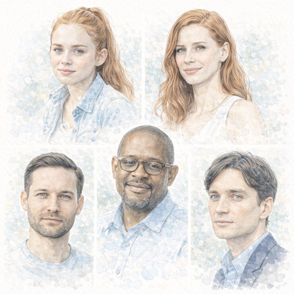 ヴィーガンや植物性中心の食生活について語った俳優たちをまとめて描いた、水彩風タッチの人物肖像イラスト一覧