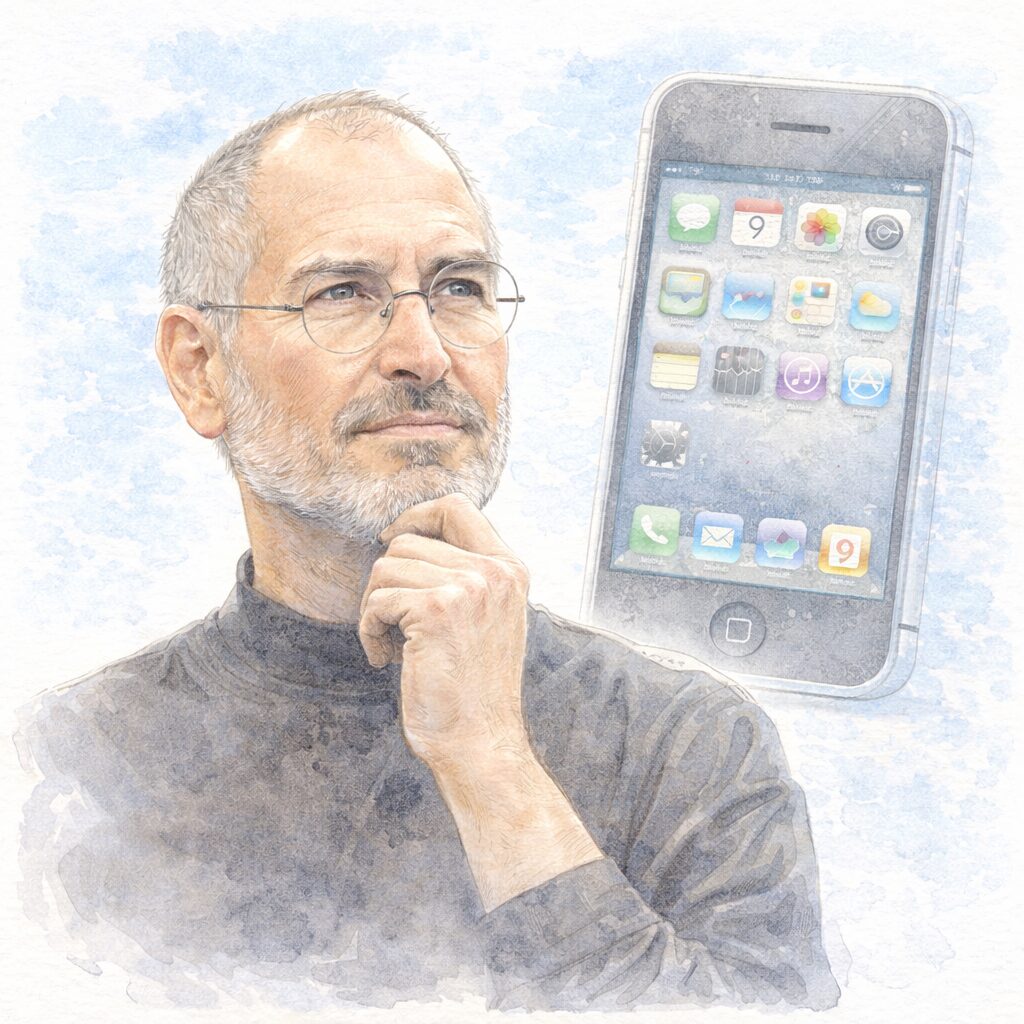 テクノロジーと思想を象徴する起業家のイメージを描いた水彩イラスト。革新性と価値観を重視する実業家の姿を表現。