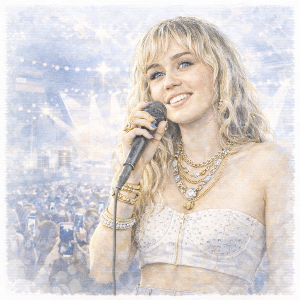 ステージ上で歌う女性アーティストの水彩風イラスト。ヴィーガンを実践・中断した有名人の背景やライフスタイルの変化を連想させる。