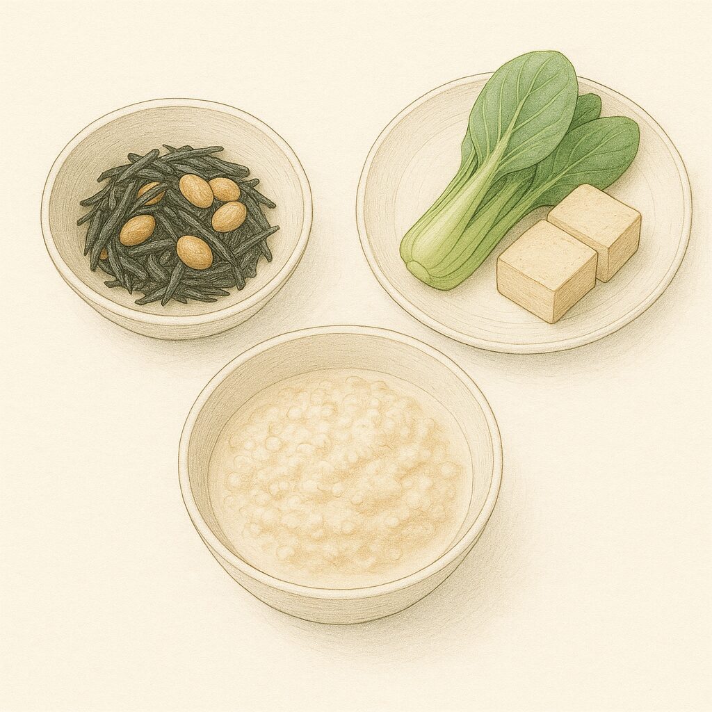 ひじきと大豆の煮物、小松菜と高野豆腐、オートミールを上品に並べた水彩イラスト。植物性の鉄分やたんぱく質を組み合わせた、ミドル世代向けの鉄吸収を高める食事例。