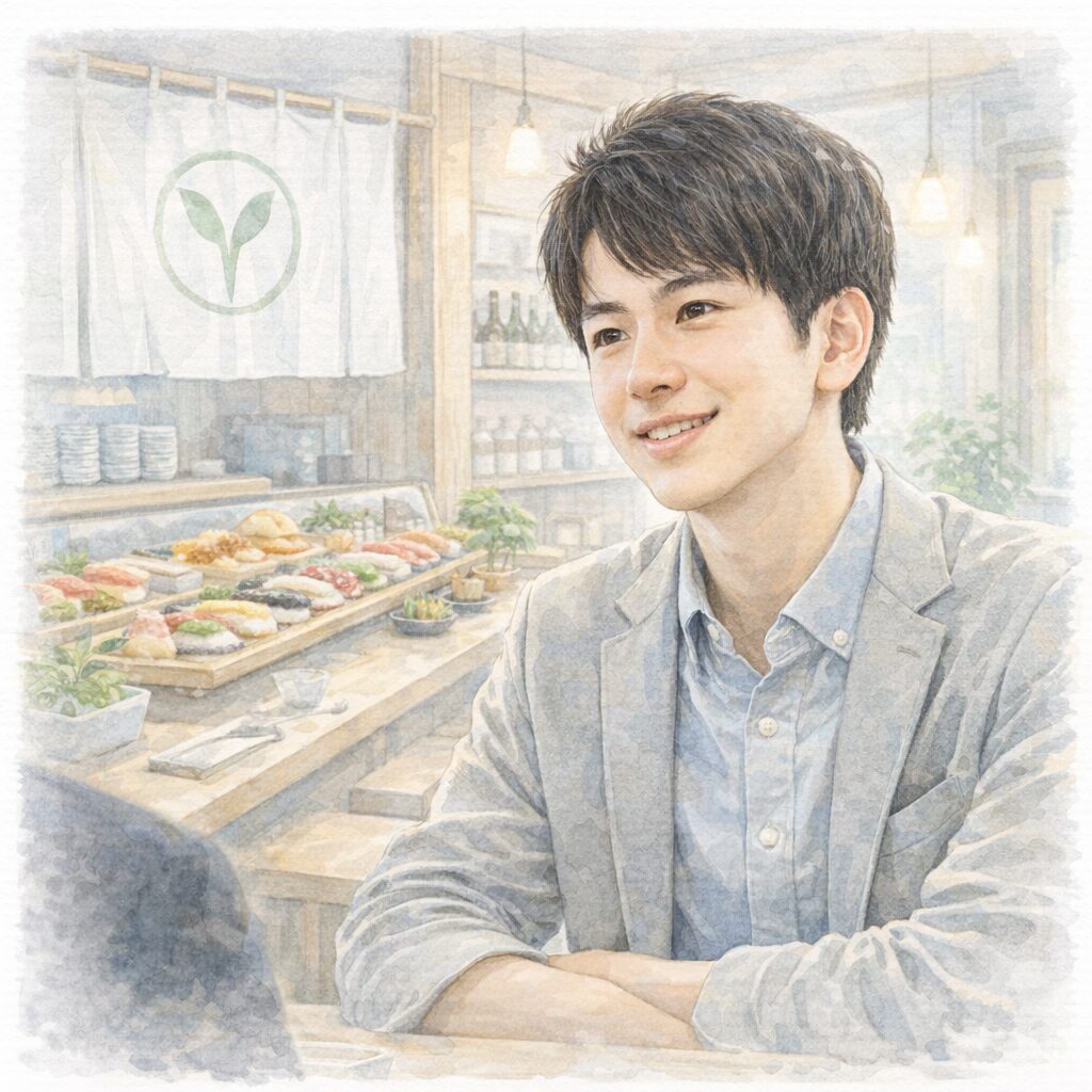 ヴィーガン寿司店を舞台にした、日本のヴィーガン起業家イメージの水彩イラスト。植物性食品ビジネス、プラントベース、サステナブルな食生活をテーマにしたブログ用画像。