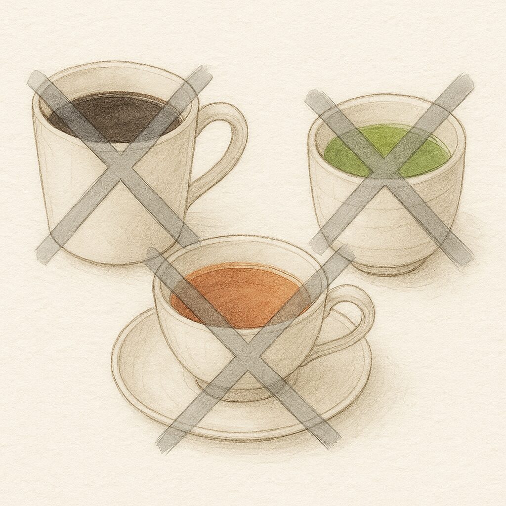 コーヒー、紅茶、緑茶の3種類の飲み物が、水彩画風で並んで描かれ、すべてに淡いグレーの大きなバツ印が重ねられているイラスト。植物性鉄の吸収を妨げるタンニンを含む飲み物として、摂取を避けたいイメージを表現した構図。