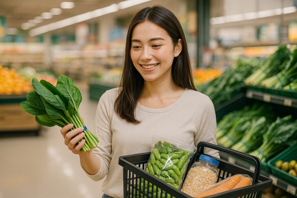 スーパーで小松菜や大豆、ひじき、オートミールなど鉄を補える食材を買い物かごに入れ、手に取って選んでいる女性の様子。
