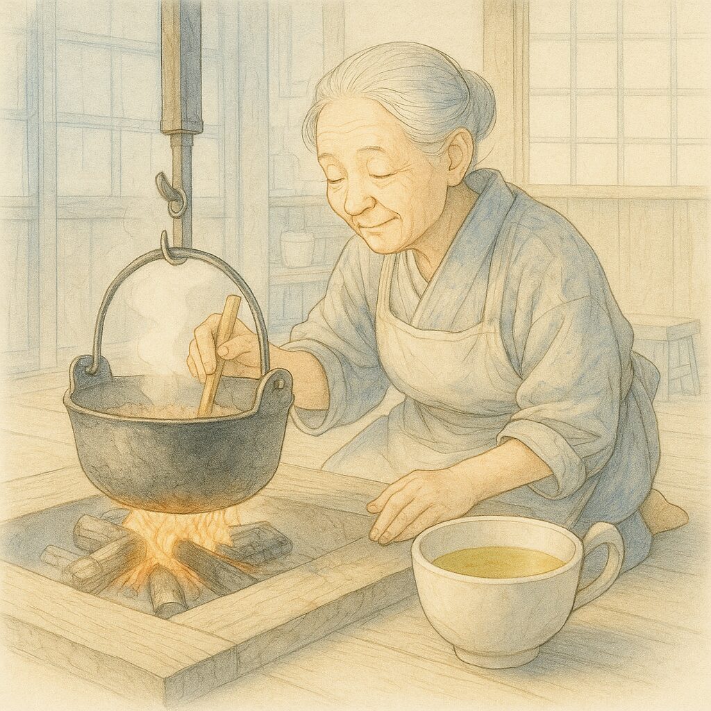 昭和初期の囲炉裏で鉄鍋料理をする日本の祖母を描いたリアル寄り水彩イラスト