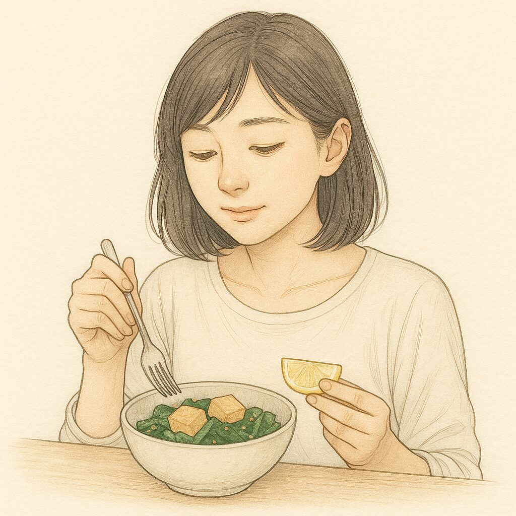少量の鉄を含む植物性食材を食事に取り入れている女性を描いた、淡い水彩タッチのイラスト。小松菜や大豆などの鉄源を自然に添えたヘルシーな食卓シーン。