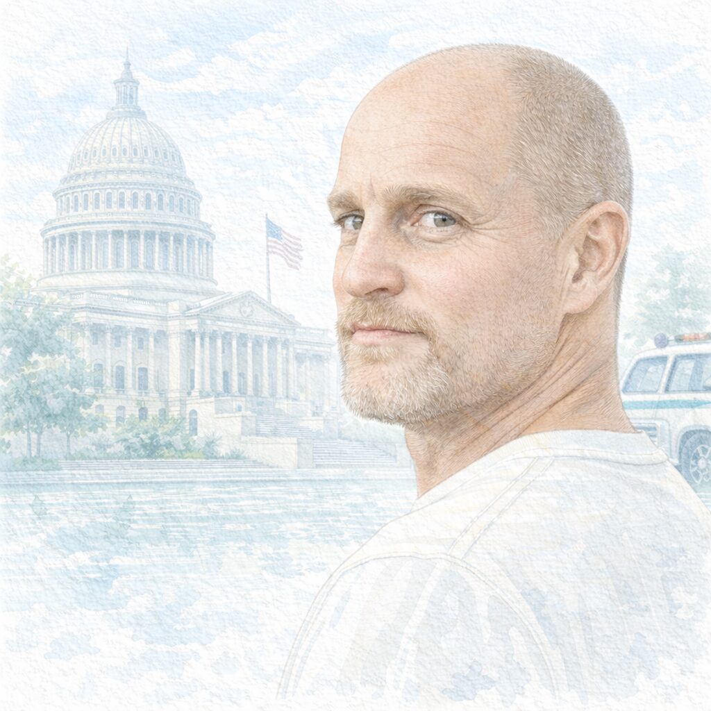 ヴィーガンや植物性中心の食生活について語った俳優ウディ・ハレルソンをモチーフにした、淡い水彩タッチの肖像イラスト