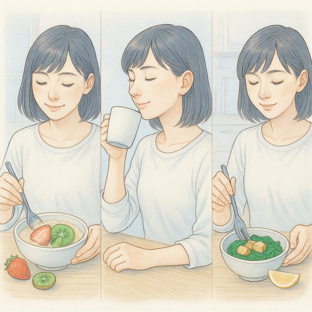 朝にオートミール、食後にコーヒー、夜に小松菜と高野豆腐を食べる女性を描いた鉄分ケアの水彩イラスト