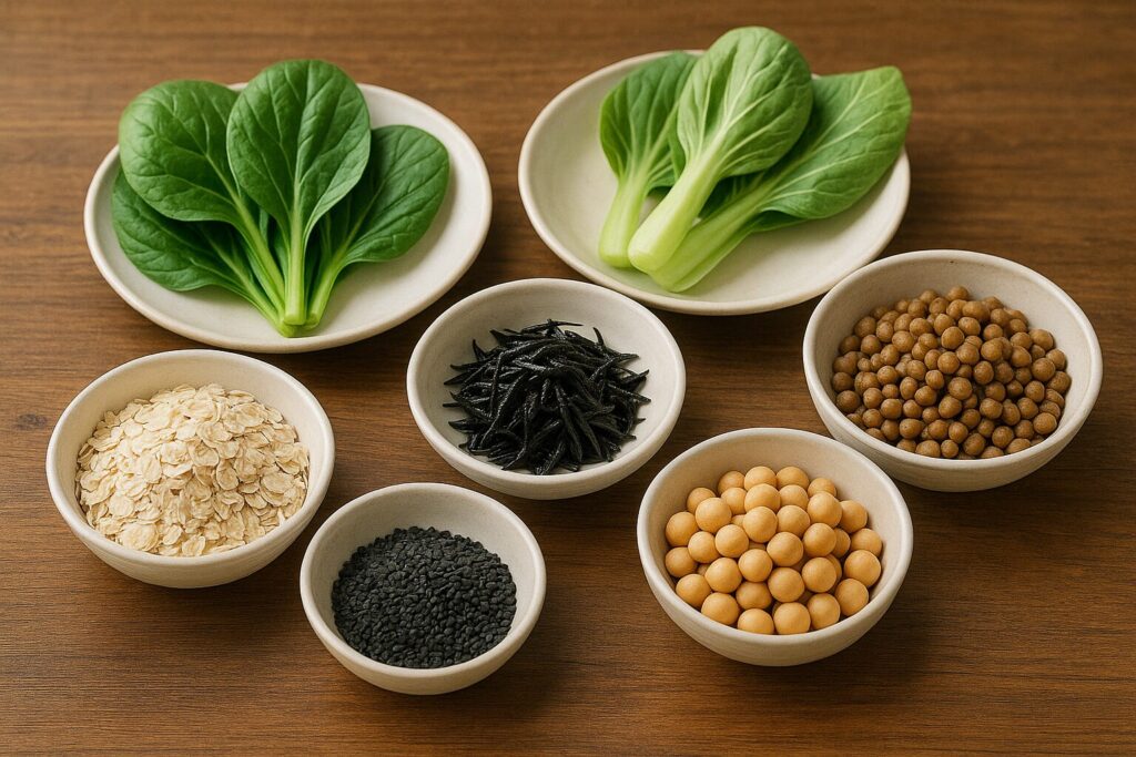 小松菜、チンゲン菜、ひじき、大豆、黒ごま、オートミールなど鉄分が豊富な植物性食材を木目テーブルに並べた写真。ミドル世代の貧血対策や鉄吸収を高める食材選びに役立つイメージ。