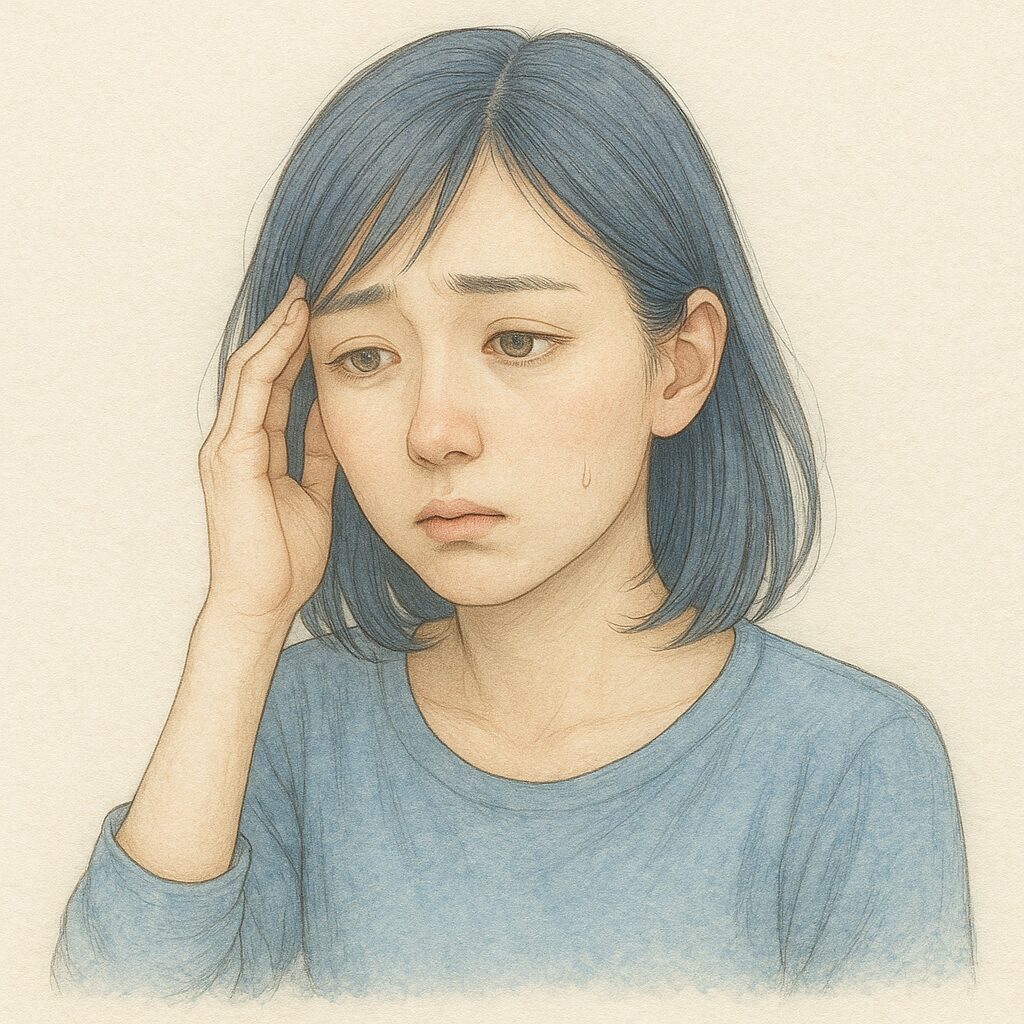 貧血症状で職場でも疲れや息切れを感じる若い女性が、こめかみを押さえてつらそうにしている水彩イラスト。
