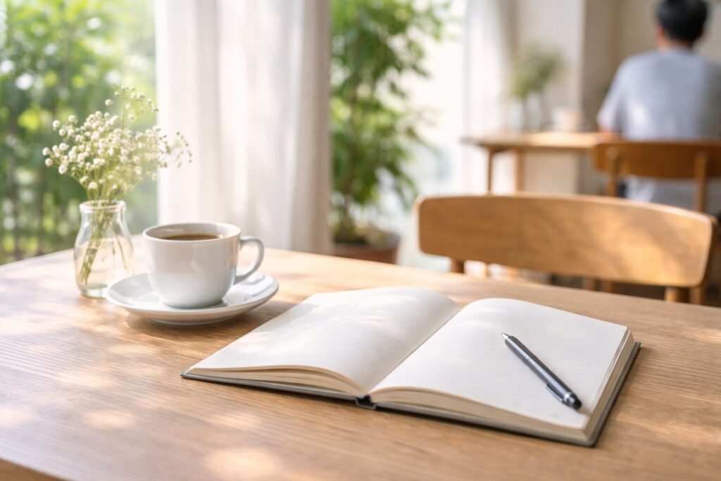 自然光が差し込むカフェのテーブルに置かれたノートとコーヒー。ヴィーガンやライフスタイルについて静かに考える時間を表現したイメージ。
