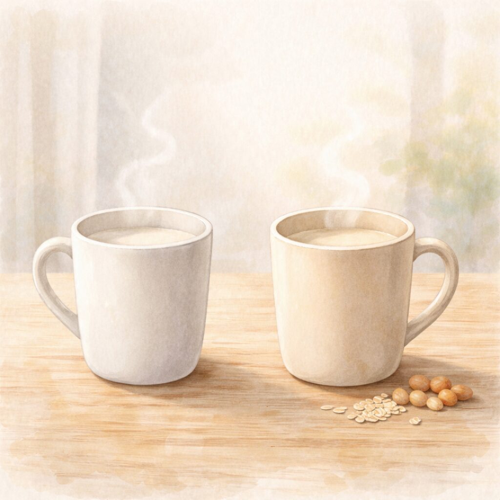 牛乳と豆乳を並べて比較している水彩イラスト｜40代から感じやすい牛乳の違和感とヴィーガン牛乳という選択肢