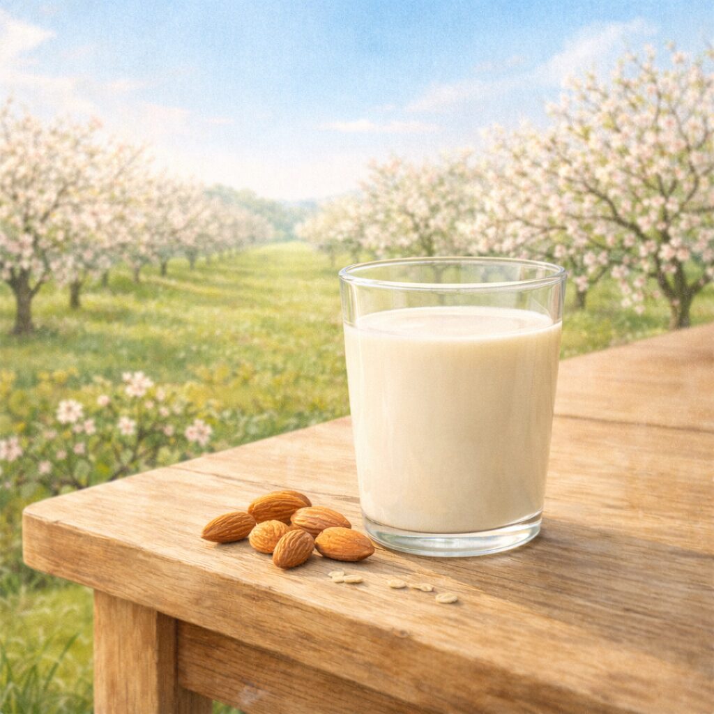 アーモンド畑を背景に木のテーブルに置かれたアーモンドミルクのグラスとアーモンド｜さっぱりとした飲み口のヴィーガンミルク