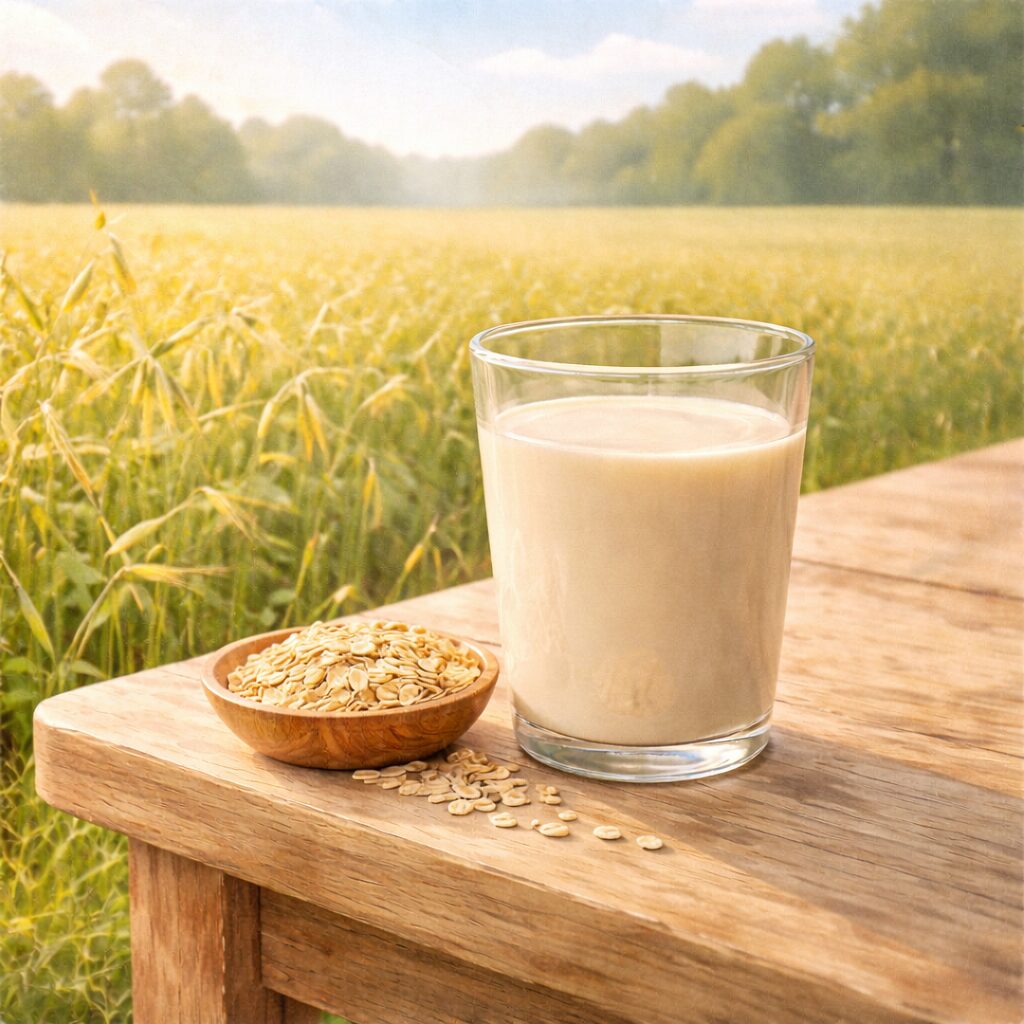 オーツ畑を背景に木のテーブルに置かれたオーツミルクのグラスとオーツ麦｜やさしい甘みが特徴のヴィーガンミルク