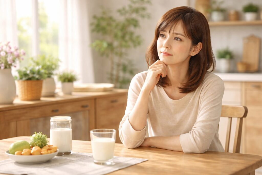 朝のリビングで牛乳の入ったグラスを前に考え込む40代女性｜年齢とともに牛乳がつらく感じる理由をイメージ