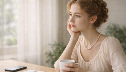 穏やかな表情で窓辺に立つヴィーガン淑女。40代・50代女性の栄養不安に寄り添うイメージ写真