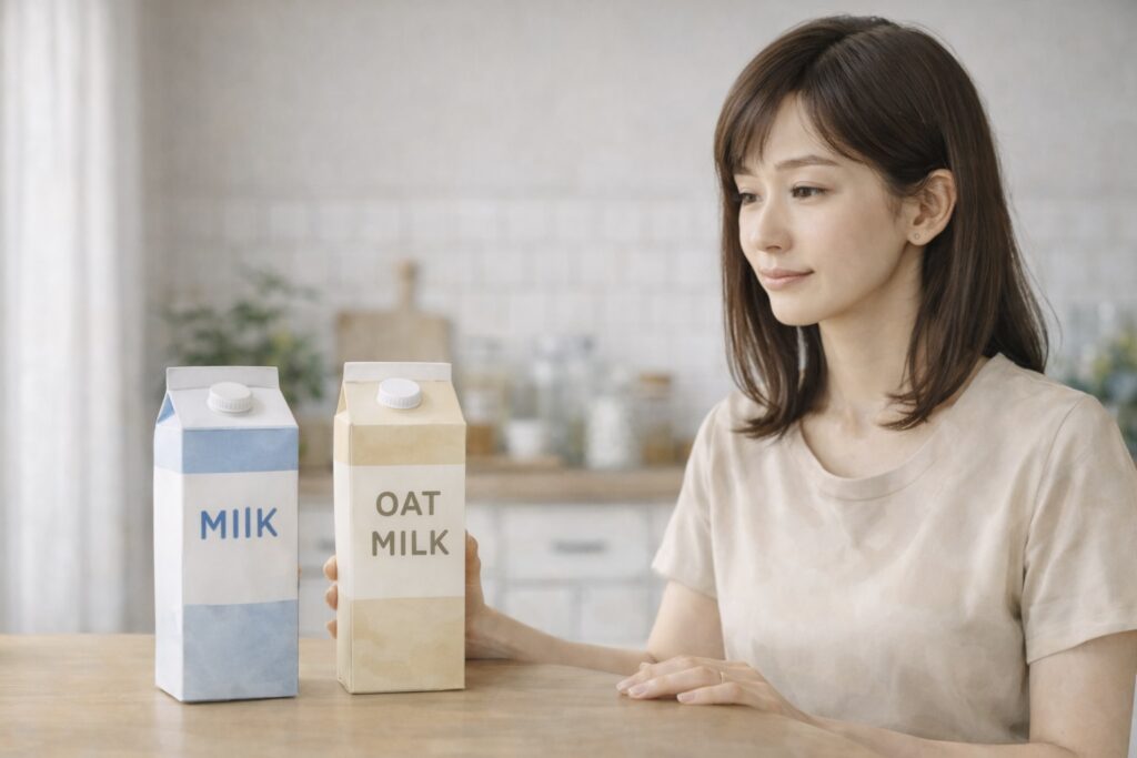 牛乳とオーツミルクを前に違いを考える40代女性｜ヴィーガン牛乳とは何かをやさしく理解する比較シーン
